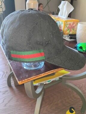 Gucci Black GG Monogram Baseball Cap with Green-Red Stripe